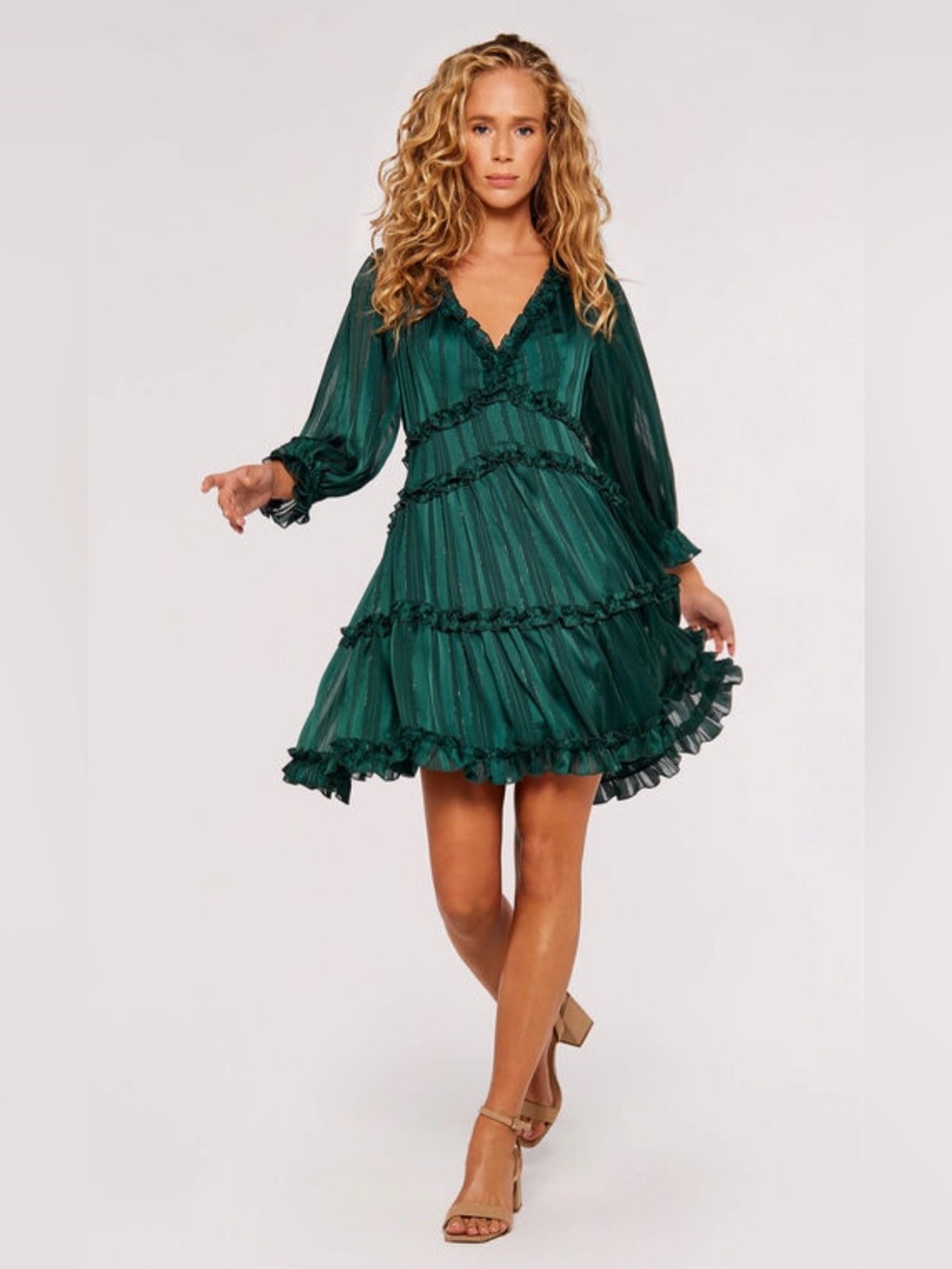Apricot Emerald Green Satin Ruffle Tiered Mini Dress Polished Party Preppy